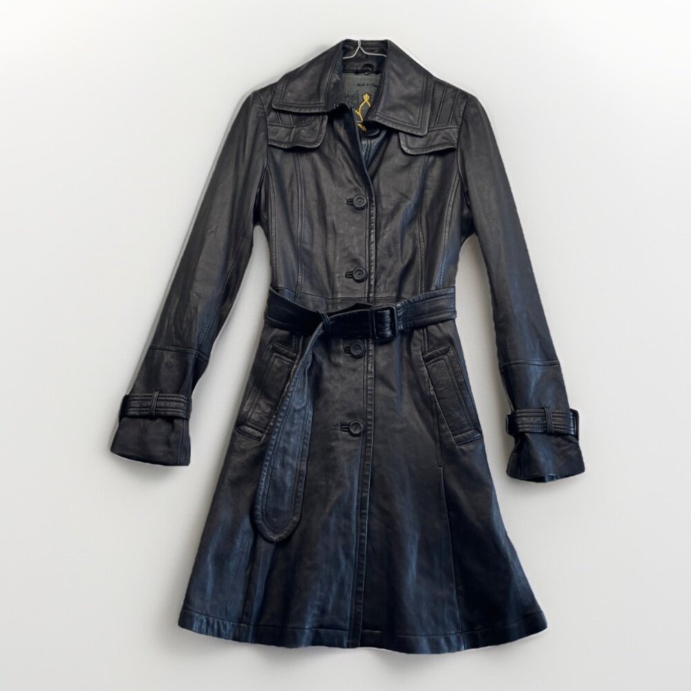 Y2K Mackage Black Lamb Leather Long Belted Jacket Dark Romantic Goth Wom Sz S
